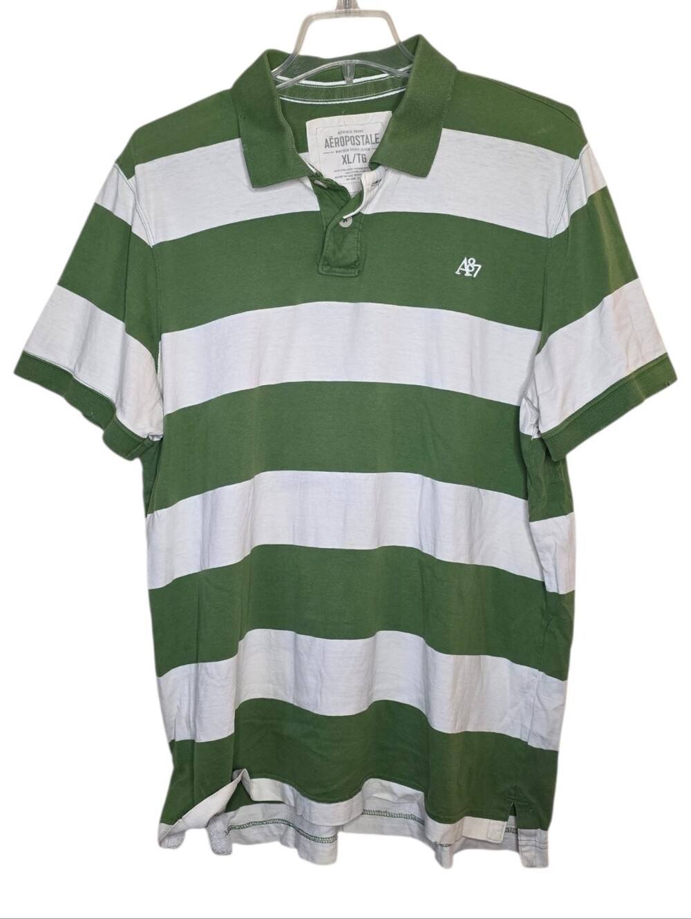 Aeropostale Worn Patina Green & White Striped Polo Shirt Size XL